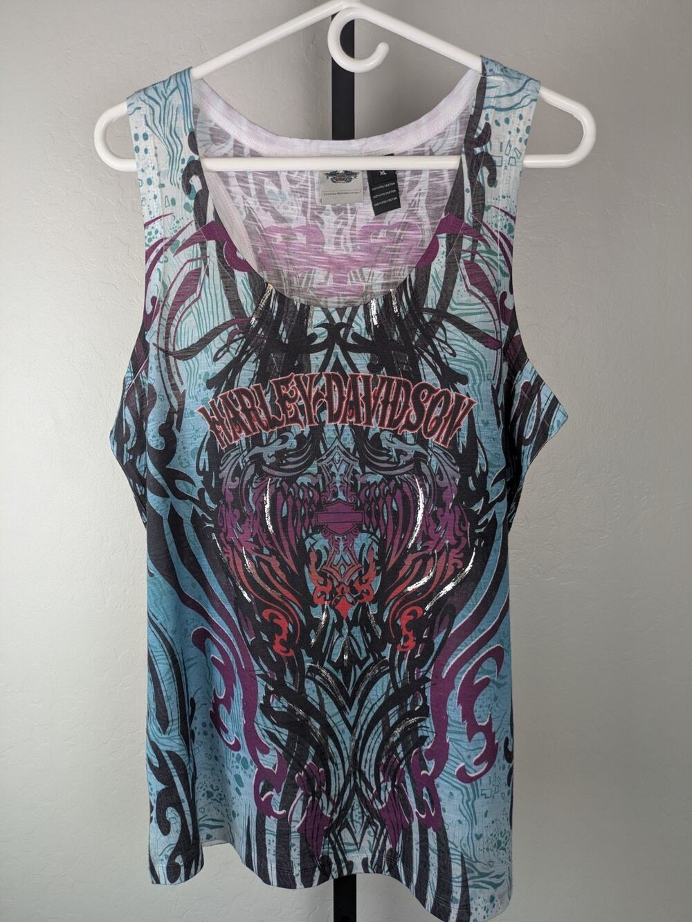 Harley Davidson XL Tank Top stamped print green purple silver metallic accent